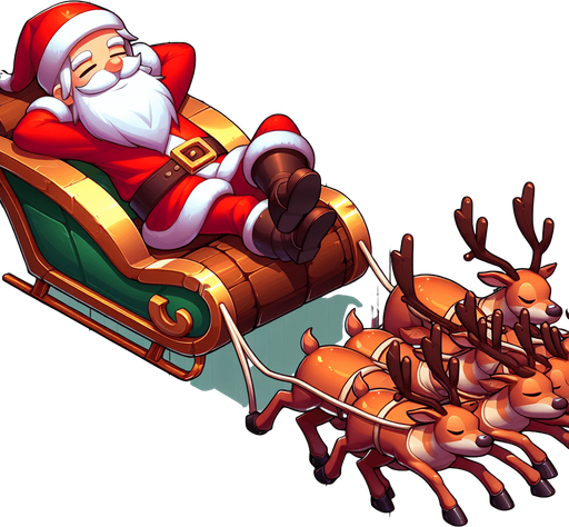 A lazy santa clause on his sleigh with reindeers. 2d cartoon, side view Single Game Texture. In-Game asset. 2d. Blank background. High contrast. No shadows.