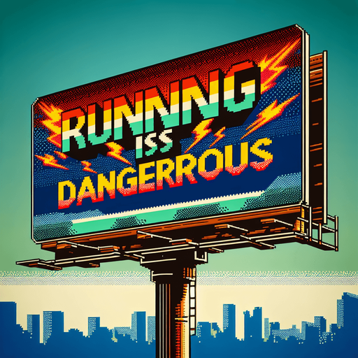 face view of billboard warning about "RUNNING IS DANGEROUS".
video game style