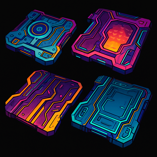 Futuer complicated floors. Cyberpunk. Abstract. separated. Different colors. HD colors.
In-Game asset.  2d.  High contrast.  No shadows