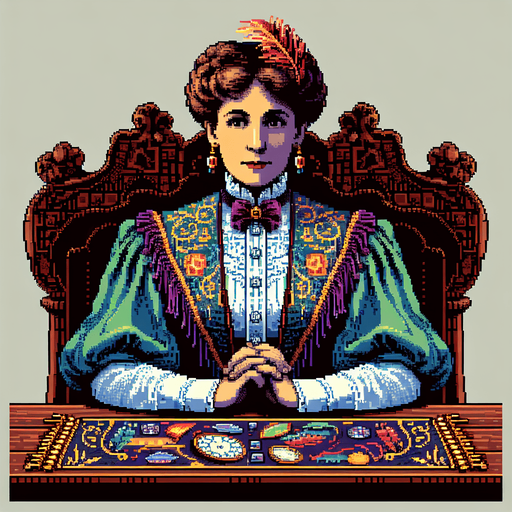 Madam curio sits in front of you. She is an Edwardian era fortune teller. She is seen from the waist up in front of an ornate table.. Single Game Texture. In-Game asset. 2d. Blank background. High contrast. No shadows. Full color pixel art..
Single Game Texture. In-Game asset. 2d. Blank background. High contrast. No shadows.