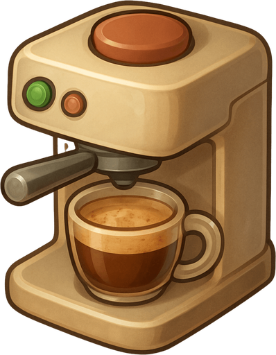 A coffee machine. Cute soft graphics. soft ambient light. semi-matte to satin surfaces. naturalistic with slight saturation boost colors. 
In-Game asset.  2d.  High contrast.  No shadows. top down..
In-Game asset.  2d.  High contrast.  No shadows