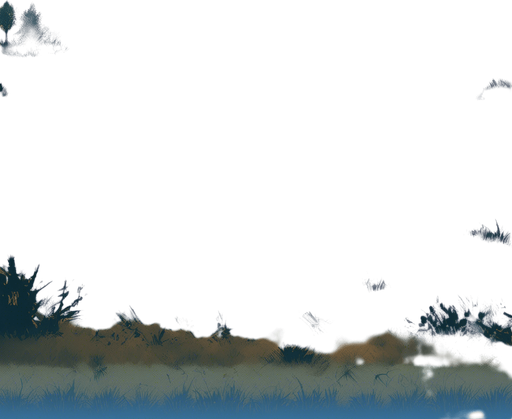 Remove dithering and blur and use instead crisp areas using five tone shading from vector art. No changes to the content of the image: it's still an empty battlefield meadow with a few trees along the edges.