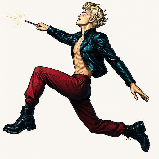 Swishy graceful man opposite arm and leg in front Cyberpunk manga, side profile view jumping pushing off the ground one leg extended one knee raises arms at sides loookkng skyward torpedo magic launching leap jump, shiny black leather biker jacket longsleeves shirtless Skinny abs blonde pompadour guy, wine red joggers combat boots, Background removed, "Full-body character, entirely in frame, no cropping of face, head, or feet" "Complete character visible, from head to toe, fully centered in the image" "Entire character, including face and boots, fully within the frame" Character fully contained within a square frame, no edges cut off fashion model idle pose