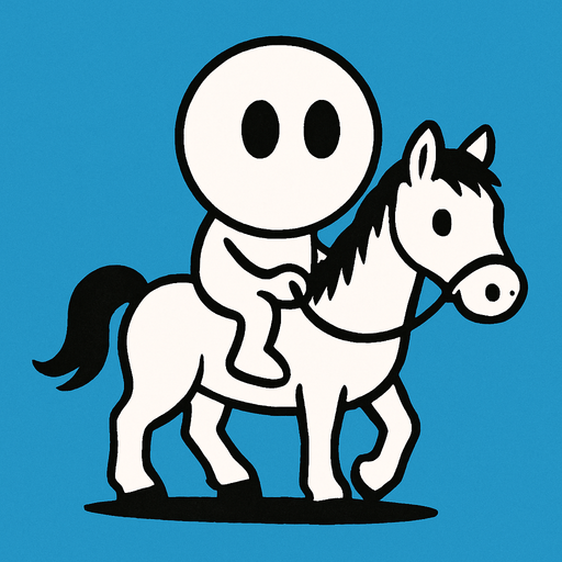 White simple circular enemy seen from above, black outline. Black eyes, on a white horse. Black and white only. Blue background.
