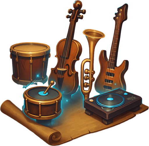 Design an icon for a button labeled "Towers" in a fantasy tower defense game set in a haunted concert hall. The icon should clearly represent access to a selection of instrument-based defense towers.

Use a stylized rack or display of musical instruments arranged like tower miniatures: a drum, violin, trumpet, electric guitar, and DJ deck. They should look magical and glowing slightly, as if floating or placed on a scroll or magical stand.

The icon should be square (256×256 px), clean and readable at small sizes.
Background should be subtle—wood, velvet, or magical mist—but not distracting.
The icon must not include text, only imagery.
Style: digital painted or semi-flat fantasy UI, fitting with a classical, magical orchestral theme..
In-Game asset.  2d.  High contrast.  No shadows