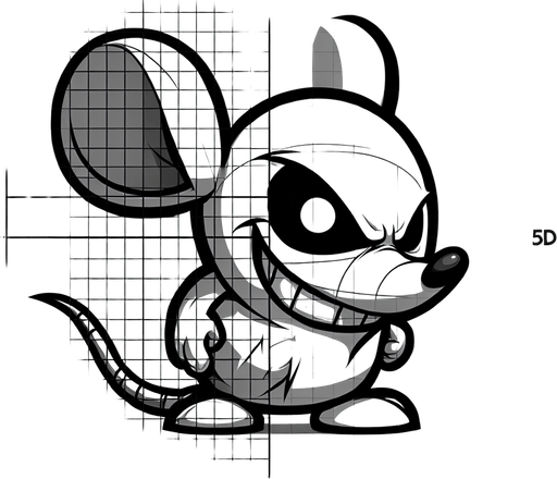 Evil Mouse, side view, cartoon, center Single Game Texture. In-Game asset. 2d. Blank background. High contrast. No shadows.