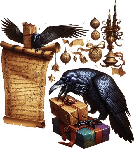 a pergament with a raven stealing a christmas present on the top. At the bottom is the text: "Not only are ravens happy to receive gifts and are appeased by them, they also like to give the gift back... with deadly intent."