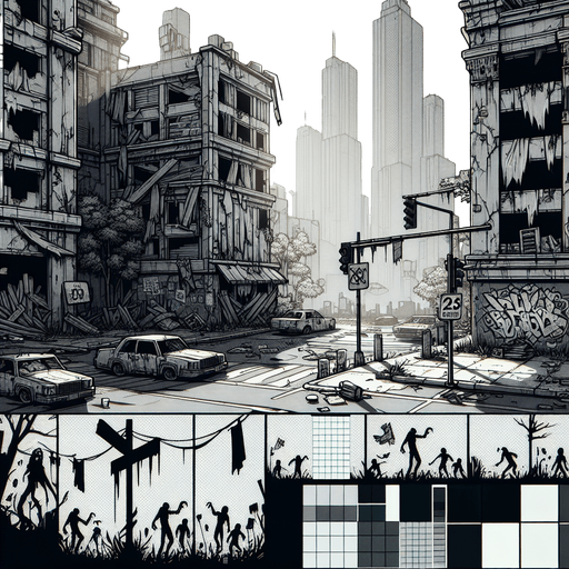 Zombie apocalypse city.
Single Game Texture.  In-Game asset.  2d.  Blank background.  High contrast.  No shadows