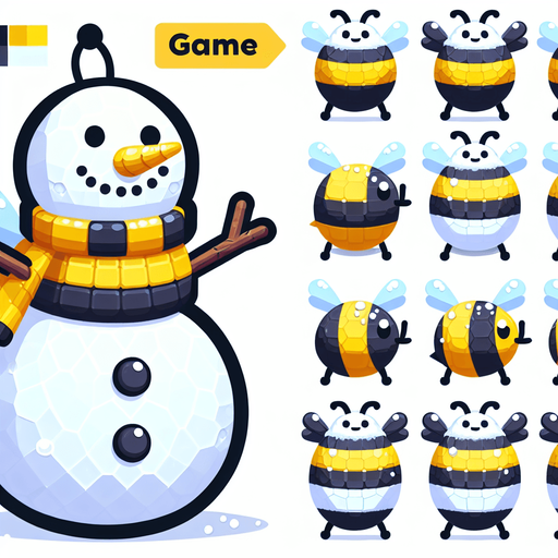 Bee themed snowman. Cartoon..
Single Game Texture. In-Game asset. 2d. Blank background. High contrast. No shadows.