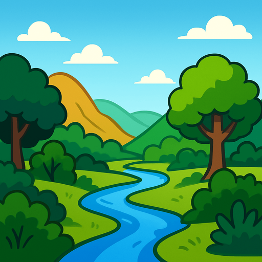 ünlü xp arkaplanı resmi gibi vadi arkapalnı ama ağçlar, çalılar ve nehir olsun 2d 2000x2200 boyutlarında.
In-Game asset.  2d.  High contrast.  No shadows