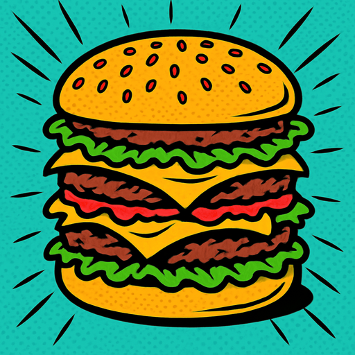 90s comic book style fast food bigmac burger.
In-Game asset.  2d.  High contrast.  No shadows