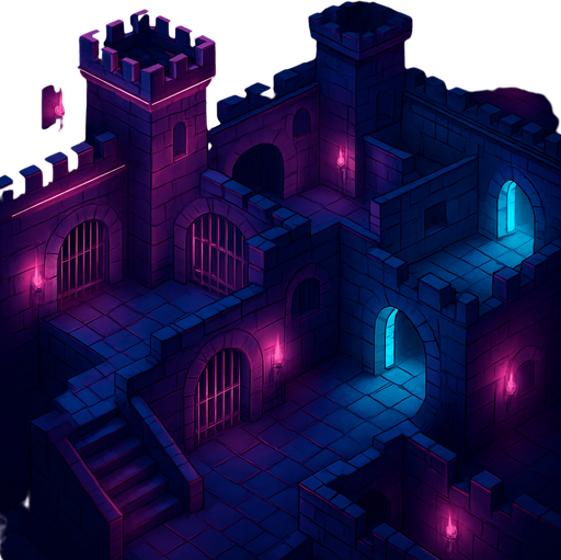 Top down isometric neon cyberpunk castle dungeon background large