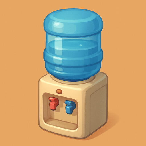 A water cooler. Cute soft graphics. soft ambient light. semi-matte to satin surfaces. naturalistic with slight saturation boost colors. 
In-Game asset.  2d.  High contrast.  No shadows. top down..
In-Game asset.  2d.  High contrast.  No shadows