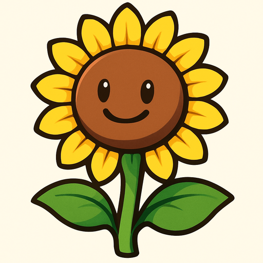 Un girasol con una cabeza redonda y marrón con pétalos amarillos brillantes que lo rodean como una corona. Su tallo es verde y tiene dos hojas grandes y anchas que sobresalen a los lados. En su cara, tiene dos ojos pequeños y negros, y una boca curvada en una sonrisa amigable..
In-Game asset.  High contrast.  No shadows