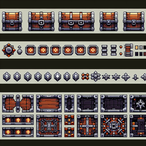Create a sprite sheet featuring various components of a open chest, incorporating dungeon design elements. The design should include top-down views of dungeon chest. Each part should be distinct, with a cohesive color scheme of wood upholstery, dark orange and silver, accented by glowing lights for a fantasy look. The style should be detailed pixel art, reminiscent of classic 32-bit era video games, with glowing lights serving as style guides. Arrange the components on a dark background, with each part neatly aligned in rows and columns for easy identification and use in game development..
Single Game Texture. In-Game asset. 2d. Blank background. High contrast. No shadows.