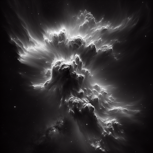 space image stylised gas clouds, black and white image, low contrast