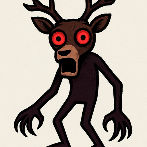 Cabeza de Ciervo: La figura posee una cabeza detallada de ciervo, con astas ramificadas de color oscuro (posiblemente negro o marrón oscuro). Tiene orejas puntiagudas y un hocico prominente de un tono más claro que el resto del cuerpo. Los ojos son grandes, completamente blancos con pupilas rojas gigantes y redondas, lo que le confiere una mirada vacía y sorprendente. La boca está abierta en una expresión que podría interpretarse como un grito o una mueca.

Cuerpo Humanoide: El cuerpo es de forma vagamente humana, con dos brazos largos y delgados que terminan en manos con lo que parecen ser garras o dedos muy alargados. Las piernas son también delgadas y la postura sugiere que está de pie. El color del cuerpo es principalmente marrón oscuro o morado oscuro..
In-Game asset.  2d.  High contrast.  No shadows