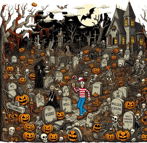 Generate a high quality cartoon background Halloween image on a black canvas similar to the format of where is waldo with a hellish environment.
Single Game Texture. In-Game asset. 2d. Blank background. High contrast. No shadows.
