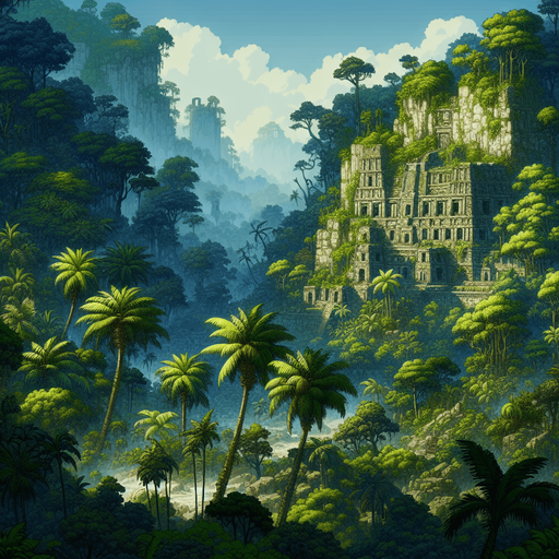 2d tropical sout america deep jungle. not far away, a ruins of ancient aztec temple..
Single Game Texture.  In-Game asset.  2d.  Blank background.  High contrast.  No shadows