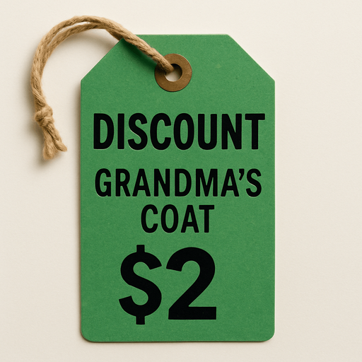 green price tag that says discount grandma's coat $2.