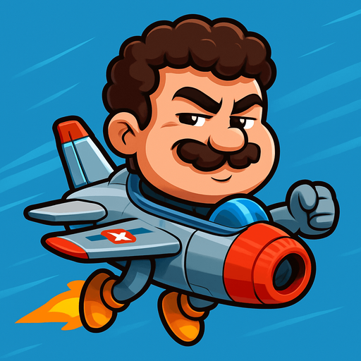 Design a cartoon-style character inspired by Head Ball characters, but themed as a fighter jet. The character should have an oversized head (like in the original Head Ball game), but instead of a human body, the head is mounted on a small cartoon fighter jet body. The jet should be stylized and playful, with exaggerated features like short wings, colorful decals, and a compact, fun shape. The cockpit should seamlessly blend into the character's neck or jawline area. The jet can have arms coming out from the sides of the fuselage like wings, and the rear part can have feet-like tail fins resembling shoes.
The overall design should feel dynamic, energetic, and arcade-like, as if mid-flight in a blue sky or cockpit environment.

The face should be: A cartoon-style floating head of a chubby young man with a round, soft face. He has thick curly short hair, a bushy mustache, and a mischievous half-smile with slightly squinted eyes. His cheeks are full, and his expression is confident and che.
In-Game asset.  2d.  High contrast.  No shadows