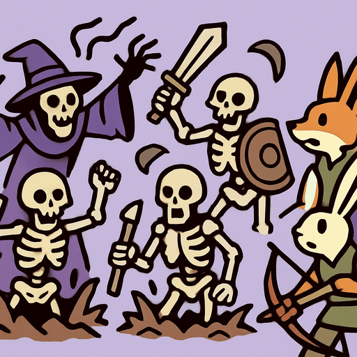 esqueletos guerreros que salen de la tierra por un brujo, miesntras un ballero zorro y un conejo arquero miran asombrado.
In-Game asset.  2d.  High contrast.  No shadows