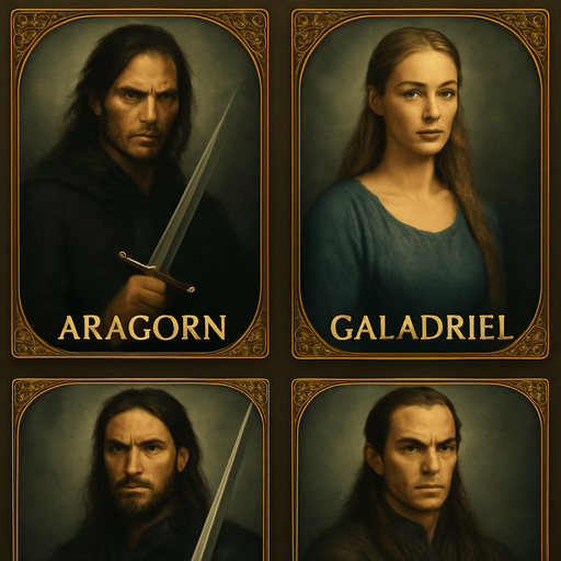 Aynı formatta 4lü kart yap. Aragorn, Galadriel, Elros, Elrond olsun