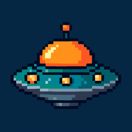 UFO 2d pixel art.
In-Game asset.  2d.  High contrast.  No shadows
