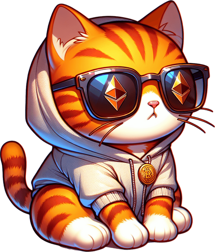 The character in the image evolves into an Ethereum blockchain developer, while maintaining its cartoon-style charm as an orange tabby cat with vivid stripes. Its round face, framed by a pair of oversized, round, dark opaque sunglasses, suggests a keen focus on the digital world. The cat's compact, chubby form, accentuated by its small body relative to its head, now symbolizes a blend of cuteness and intellectual curiosity. Clad in a simple, light-colored hoodie with a drawstring, the attire is subtly updated with Ethereum logos and blockchain-related motifs, hinting at its specialized coding expertise. In one paw, it might hold a miniature smart contract or a digital token, representing its involvement in Ethereum development. Positioned comfortably with its paws in front, the cat sits in a posture that combines relaxation with readiness, embodying the spirit of a developer poised to innovate within the Ethereum ecosystem. This adaptation retains the playful and whimsical essence of the original character, making it an ideal figure for stories or platforms that aim to introduce children to the complexities of blockchain technology in an accessible and engaging manner..
Single Game Texture. In-Game asset. 2d. Blank background. High contrast. No shadows.