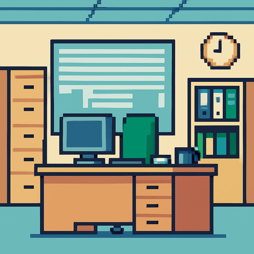 boring office background pixel art 2d..
In-Game asset.  2d.  High contrast.  No shadows