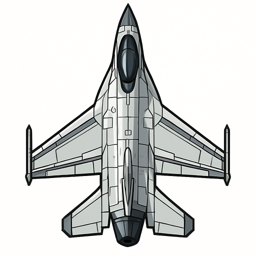 üstten görünümlü F 16 ile benzer ama daha gelişmiş gözüken savaş uçağı png resim.
In-Game asset.  2d.  High contrast.  No shadows