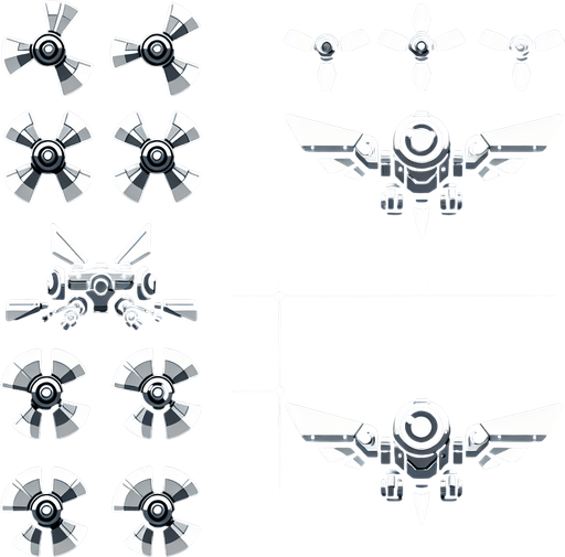 A robot with small, propeller-like wings. These wings allow the robot to glide through the air for short periods of time and change direction. The player has to use the wings at the right times and angles to control the fall, overcome obstacles and reach the goal. The robot's energy level and the durability of the wings will be the limiting factors.
Single Game Texture.  In-Game asset.  2d.  Blank background.  High contrast.  No shadows