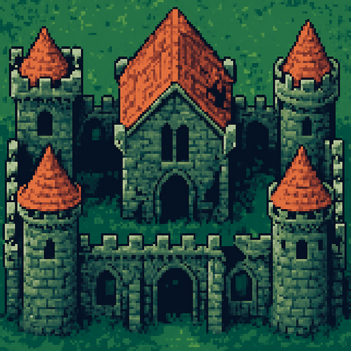 O telhado de um castelo medieval abandonado com suas torres. arte pixel 32 bits, vista aerea frontal.
In-Game asset.  2d.  High contrast.  No shadows