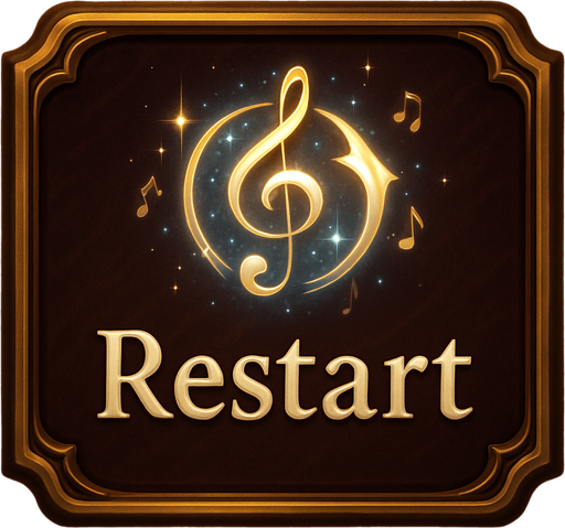 Design a stylish "Restart" button for a fantasy-themed tower defense game called Symphony Siege. The button should look like a polished UI element with a musical theme, fitting the visual style of a haunted concert hall.

Shape: rounded rectangle or ornate frame, with golden or bronze edges and a subtle wood or velvet texture background.

Icon: a circular restart arrow symbol (⟳ or similar), stylized like a treble clef or musical motif, glowing softly in white, gold, or blue.

Optional details: faint floating music notes, light reflections, or sparkles around the icon to suggest magical energy.

Text (optional): include the word "Restart" in elegant serif font, or leave it icon-only.

Make sure the design is readable at small sizes and fits with the existing UI style (clean, magical, classical). No clutter, no background image — just the button asset..
In-Game asset.  2d.  High contrast.  No shadows