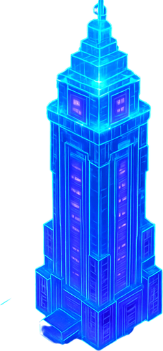 Massive futuristic neon hologram skyscraper top down isometric poking out of clouds from above elaborate cyberpunk architecture