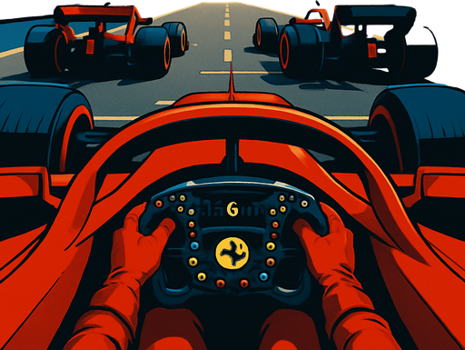 formula 1 start line Only two vehicles in front (from the driver's perspective inside the car).(Don't let the lights show) in the ferrari car. (look like a quality animation)
. High contrast.