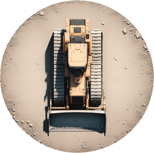 Bulldozer viewed strictly from top. Top view as if we are a drone..
Single Game Texture. In-Game asset. 2d. Blank background. High contrast. No shadows.