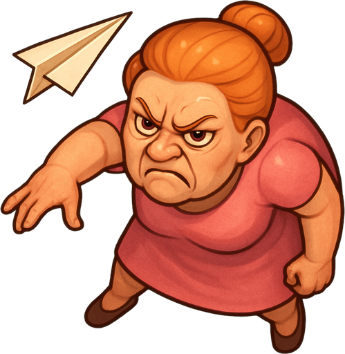 A lady that just threw a paper plane and is leaned forward due to that. She has a pink dress and orange hair. She looks like she has been working in an office for 40 years. Make her look angry as fuck. Cute soft graphics. soft ambient light. semi-matte to satin surfaces. naturalistic with slight saturation boost colors. 
In-Game asset.  2d.  High contrast.  No shadows. top down. View from above.