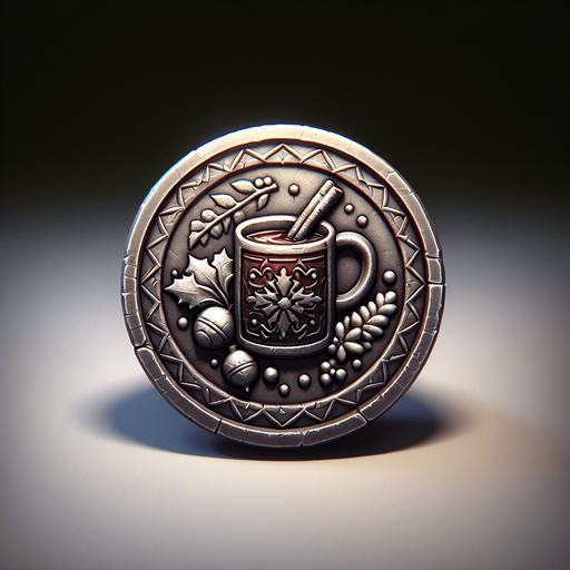 mulled wine coin embossed on it png.
Single Game Texture. In-Game asset. 2d. Blank background. High contrast. No shadows.
