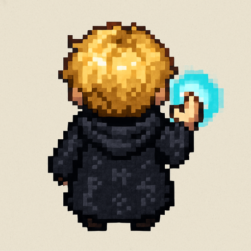 "Top-down 2D pixel art of a young male wizard child, viewed from a perfect 90-degree angle directly overhead (true bird’s-eye view), facing away from the viewer (back view). He has short, wavy blonde hair and wears a long, flowing black robe with subtle magical runes on it. Small dark boots are barely visible beneath the robe. His robe has a slightly oversized hood resting on his back. He is standing still in a casting pose, one small hand slightly raised forward as if ready to cast a spell. A glowing blue aura surrounds his hand to indicate magic. The lighting is soft and ambient, suitable for a fantasy RPG game. Style is classic 16-bit RPG pixel art, SNES-era quality. Transparent background.".
In-Game asset.  2d.  High contrast.  No shadows