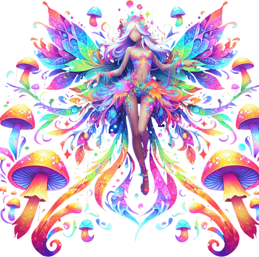 A whimsical fairy girl adorned in vibrant psychedelic colors, seamlessly blending with an array of fantastical mushrooms. Her ethereal form radiates a kaleidoscope of neon hues, creating a mesmerizing aura that dances with every movement. Mushrooms of various shapes and sizes adorn her attire and surroundings, adding an otherworldly charm to her enchanting presence.
Single Game Texture. In-Game asset. 2d. Blank background. High contrast. No shadows.