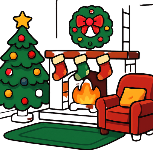 a cartoon style 3d image of a cozy christmas living room with a cozy fire in a fireplace..
In-Game asset.  2d.  High contrast.  No shadows