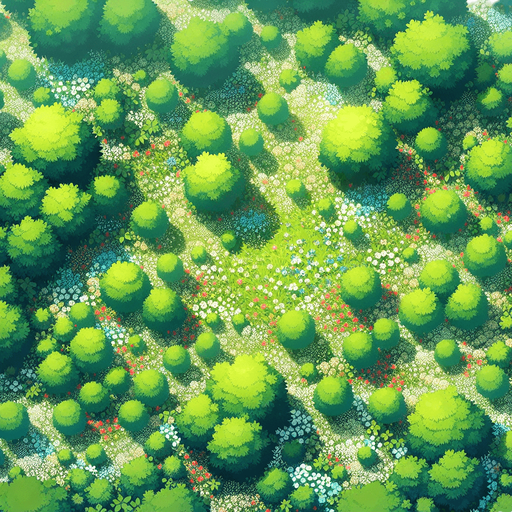 a lush meadow full of tiny flowers. top-down view.
Single Game Texture. In-Game asset. 2d. Blank background. High contrast. No shadows.