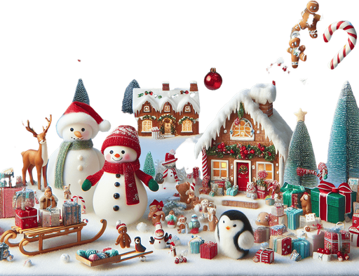 A Magical feeric starry christmas landscape at night with a snow man , candy canes ,holly leafs and snow flakes, cute penguin, Santa's reindeers, green, red and blue presents and a lot of toys, a sled, gingerbread boy and girl, snow globes, cute polar bears cub and a gingerbread house. Realistic. Plastic style. Background image