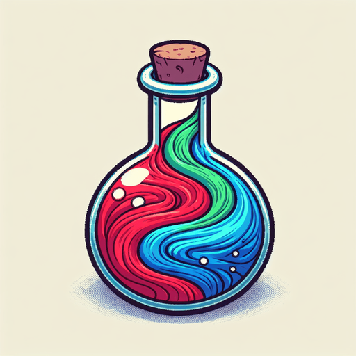 A potion bottle or flask swirling with multiple distinct colors (red, blue, green)..
Single Game Texture.  In-Game asset.  2d.  Blank background.  High contrast.  No shadows