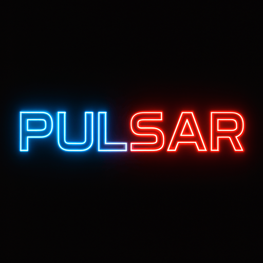 The word 'Pulsar' in a glowing neon SVG in futuristic font. The word is half blue on the left and half red on the right.

In-Game asset.  2d.  High contrast.  No shadows