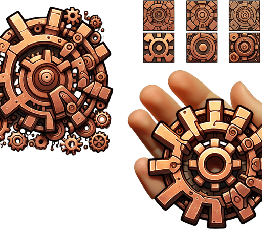 медная шестерня в стиле hand-paint.
Single Game Texture.  In-Game asset.  2d.  Blank background.  High contrast.  No shadows