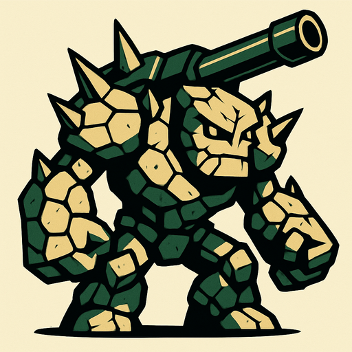 un golem de piedra grande con picos y con un cañon de tanque en la espalda.
In-Game asset.  2d.  High contrast.  No shadows
