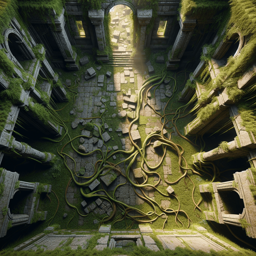A top-down view of jungle ruins with moss-covered stone walls and floors. The floor is scattered with vines and broken pillars. Each wall has an entrance centered in the middle, resembling natural archways positioned on the top, bottom, left, and right. Sunlight filters through, illuminating the room softly..
Full-frame, top-down view of jungle ruins. Moss-covered stone walls and floors, vines, broken pillars. Open natural archways centered on each wall: top, bottom, left, and right. Soft sunlight, no perspective distortion.