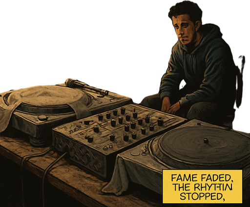 Realistic comic book scene, 2048x2048. Interior of a dusty room with DJ gear covered and unused. Noah sits in the background, partially hidden in shadow, melancholic lighting. Include a small narrator box at the bottom-right corner with the text: "Fame faded. The rhythm stopped.".
In-Game asset.  2d.  High contrast.  No shadows